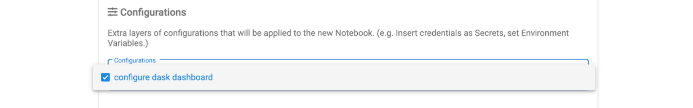 The KubeFlow Notebook Configuration selector showing the "configure dask dashboard" option checked